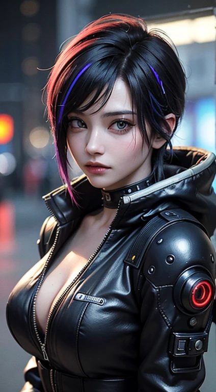 ((Best quality)), ((masterpiece)), (highly detailed:1.3), 3D, beautiful (cyberpunk:1.3) hacker woman with colored hair, black clothes looking at camera