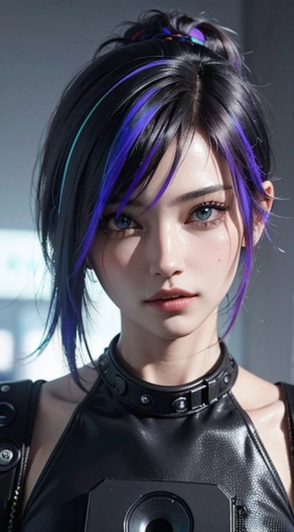 ((Best quality)), ((masterpiece)), (highly detailed:1.3), 3D, beautiful (cyberpunk:1.3) hacker woman with colored hair, black clothes looking at camera