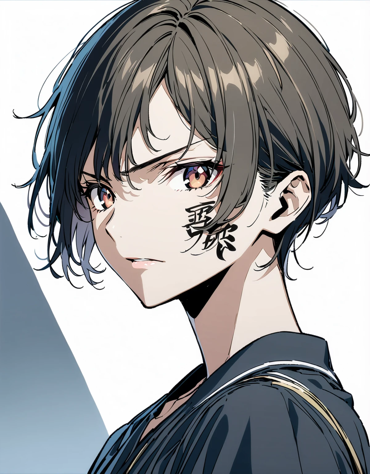 Highest quality、Very high quality、high resolution、Serious face,extremely delicate writing,(Detailed face), (Fine grain),male,beautiful,  1 person, , Black Hair, Brown eyes, Black Shirt, 