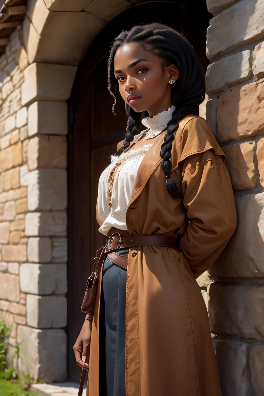 ((best qualityer)), ((work of art)), (detailded), 1 poor woman, fantasy RPG medieval commoner peasant , darkskin, olhos detaildeds, black hair tied up, black hair with braids, European peasant clothing ,commoner ,fully dressed, brown leather clothing, fully dressed, gray belts, in the background an old stone building, clear lighting, detailed shadows