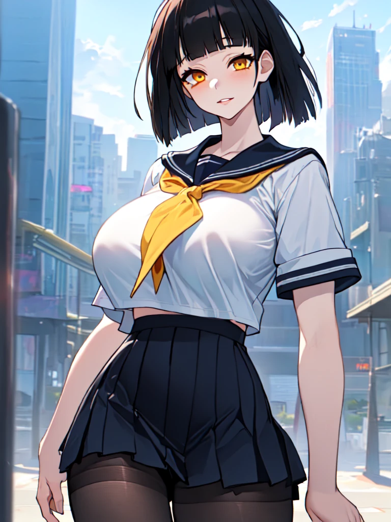 SFW (masterpiece, best quality, 32k) a age girl with medium black hair ((stark black hair, coal black hair, bangs, diagonal bangs, blunt bangs, bob, messy bob, wavy bob, inverted bob)), ((brown eyes, yellow eyes, amber eyes, golden eyes, eagle eyes:1.5, bright eyes, beautiful eyes, detailed eyes, finely detailed eyes, highly detailed eyes)) ((youthful face, beautiful face, cute face, sexy face)), ((pale skin, white skin, porcelain skin, smooth skin, soft skin)), standing, walking, outside, outdoors, city, modern city, sidewalk, buildings, skyscrappers, sky, clouds, simple background. ((Modern clothes, academy uniform, uniform, serafuku, sailor uniform, white shirt, short-sleeved shirt, sailor collar, pink ribbon, black miniskirt, high-waist miniskirt, black pantyhose)), ((huge breasts:1.7, enormous breasts:1.4, gigantic breasts:1.4, round breasts:1.3, perky breasts:1.3)), ((slim:1.4, lithe:1.4, slender:1.4, thin:1.4, busty:1.2, buxom:1.2, supermodel body:1.2, svelte body:1.2, fit body:1.2)), ((round hips, thin waist, waspish waist, slim waist)), ((long legs, slender legs)), small smile ((full lips)), calm expression, content expression, serene expression, happy expression, open eyes, large eyes, expressive eyes, head-to-waist portrait, cinematics, color oil painting, cinematic lighting, ((extremely detailed face)), ((finely detailed face)), Extremely detailed eyes, finely detailed eyes, beautiful face, beautiful eyes, perfect lighting, depth of field, (realistic proportions), (good anatomy), ((solo:1.6)), ((1girl:1.6))