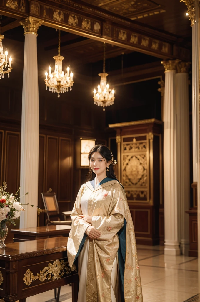 (((best quality))),(((ultra detailed))),(((masterpiece))),illustration," 1girl, young, stunning, formal doctoral robe, academic, authority, wisdom, hood, intricate patterns, peaceful, focused, radiant smile, sparkling eyes, rolled-up speech, poise, stage lights, aura of charisma, auditorium, high ceiling, rows of chairs, reverence, expectation, esteemed professors, scholars, traditional, academic excellence, stage, rich curtains, sharing knowledge, sense of occasion, large clock, ornate, passing of time, soft murmur, pride, celebration, accomplishment, doctoral hood, hard work, dedication, contribution, field, triumph, recognition, academic achievement, pursuit of knowledge, beauty, inspiration, success