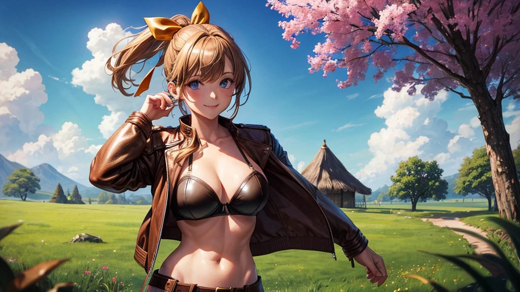 1girl, solo, full body, summer, village, trees, sun, clouds, fantasy, medieval, ((colorful hair)), ponytail, large full breasts, ((brown leather jacket)), brown leather shorts, ((leather bra)), blue eyes, skirt, smile, looking at the viewer, standing, hair ribbon, golden necklate