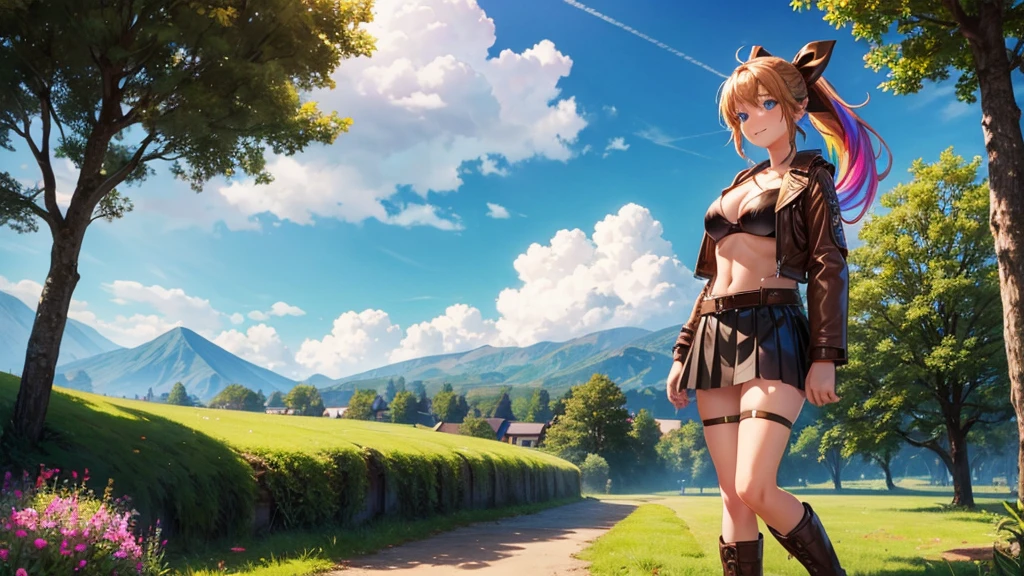 1girl, solo, full body, summer, village, trees, sun, clouds, fantasy, medieval, ((colorful hair)), ponytail, large full breasts, ((brown leather jacket)), brown leather shorts, ((leather bra)), blue eyes, skirt, smile, looking at the viewer, standing, hair ribbon, golden necklate