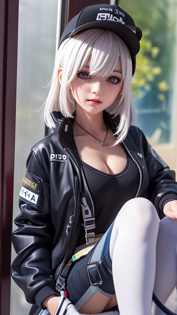 masterpiece, Highest quality, 4K, Ultra-high resolution, mishoujo, Painting, Beautiful eyes and fine face, figure, Beautiful details, high resolution figure, Shine_white_particle, One girl, white hair, Light purple eyes, Hair on one eye, Short side details, Baseball cap,Expressionless, Window Shades, Black jacket, Chest Rig, cyber punk, Techwear,(Impressionism:1.4)