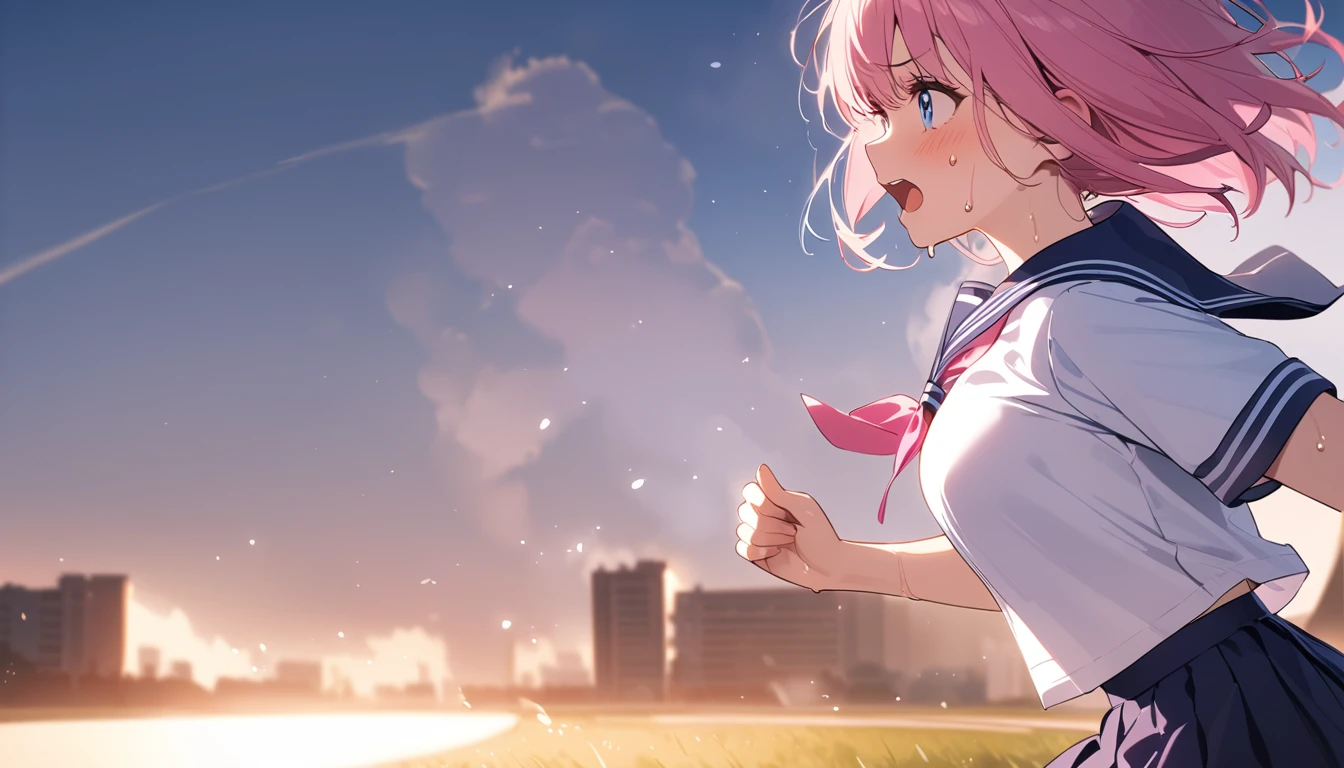 (1 girl),(Best Picture Quality, 8K, Masterpiece:1.3), (high school student:1.5), (pink lob hair), (bob hair), (slant skyblue eyes), ((white sailor short sleeve shirt, darkblue skirt, darkblue sailor collar, pink ribbon)), (super clear:1.5), (glistening skin:1.1),(pale skin:1.1), (looking ahead:1.3), ((from side:1.3)),(the beautiful scenery of the city alleys in the morning), (running:1.3),(panicking),(sweat:1.3),(steam:1.2),((close up face))