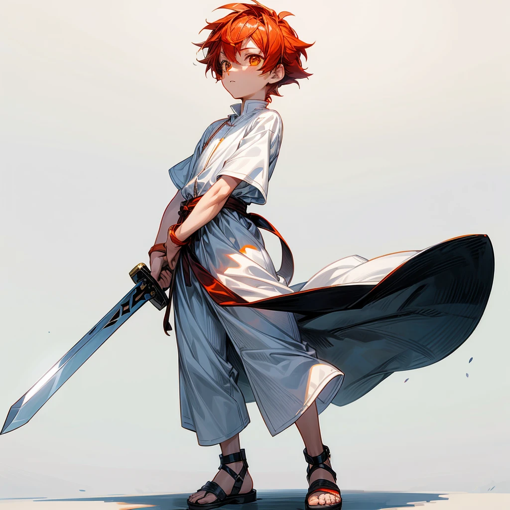 1little boys, Full body version, orange eyes, undercut hair, red colour hair, plain full white tunic Roman clothing, short sleeve shirt, gladiator sandals, plain sword in hand, Grassroots background