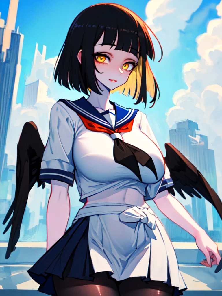 SFW (masterpiece, best quality, 32k) a teenage girl with medium black hair ((stark black hair, coal black hair, bangs, diagonal bangs, blunt bangs, bob, messy bob, wavy bob, inverted bob)), ((brown eyes, yellow eyes, amber eyes, golden eyes, eagle eyes:1.5, bright eyes, beautiful eyes, detailed eyes, finely detailed eyes, highly detailed eyes)) ((youthful face, beautiful face, cute face, sexy face)), ((pale skin, white skin, porcelain skin, smooth skin, soft skin)), standing, walking, outside, outdoors, city, modern city, sidewalk, buildings, skyscrappers, sky, clouds, simple background. ((Modern clothes, academy uniform, uniform, serafuku, sailor uniform, white shirt, short-sleeved shirt, sailor collar, pink ribbon, black miniskirt, high-waist miniskirt, black pantyhose)), ((huge breasts:1.7, enormous breasts:1.4, gigantic breasts:1.4, round breasts:1.3, perky breasts:1.3)), ((slim:1.4, lithe:1.4, slender:1.4, thin:1.4, busty:1.2, buxom:1.2, supermodel body:1.2, svelte body:1.2, fit body:1.2)), ((round hips, thin waist, waspish waist, slim waist)), ((long legs, slender legs)), small smile ((full lips)), calm expression, content expression, serene expression, happy expression, open eyes, large eyes, expressive eyes, head-to-waist portrait, cinematics, color oil painting, cinematic lighting, ((extremely detailed face)), ((finely detailed face)), Extremely detailed eyes, finely detailed eyes, beautiful face, beautiful eyes, perfect lighting, depth of field, (realistic proportions), (good anatomy), ((solo:1.6)), ((1girl:1.6))