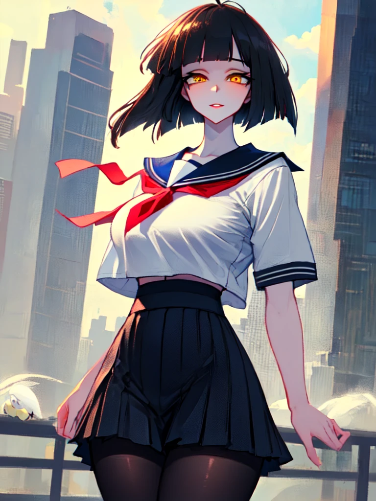 SFW (masterpiece, best quality, 32k) a teenage girl with medium black hair ((stark black hair, coal black hair, bangs, diagonal bangs, blunt bangs, bob, messy bob, wavy bob, inverted bob)), ((brown eyes, yellow eyes, amber eyes, golden eyes, eagle eyes:1.5, bright eyes, beautiful eyes, detailed eyes, finely detailed eyes, highly detailed eyes)) ((youthful face, beautiful face, cute face, sexy face)), ((pale skin, white skin, porcelain skin, smooth skin, soft skin)), standing, walking, outside, outdoors, city, modern city, sidewalk, buildings, skyscrappers, sky, clouds, simple background. ((Modern clothes, academy uniform, uniform, serafuku, sailor uniform, white shirt, short-sleeved shirt, sailor collar, pink ribbon, black miniskirt, high-waist miniskirt, black pantyhose)), ((huge breasts:1.7, enormous breasts:1.4, gigantic breasts:1.4, round breasts:1.3, perky breasts:1.3)), ((slim:1.4, lithe:1.4, slender:1.4, thin:1.4, busty:1.2, buxom:1.2, supermodel body:1.2, svelte body:1.2, fit body:1.2)), ((round hips, thin waist, waspish waist, slim waist)), ((long legs, slender legs)), small smile ((full lips)), calm expression, content expression, serene expression, happy expression, open eyes, large eyes, expressive eyes, head-to-waist portrait, cinematics, color oil painting, cinematic lighting, ((extremely detailed face)), ((finely detailed face)), Extremely detailed eyes, finely detailed eyes, beautiful face, beautiful eyes, perfect lighting, depth of field, (realistic proportions), (good anatomy), ((solo:1.6)), ((1girl:1.6))