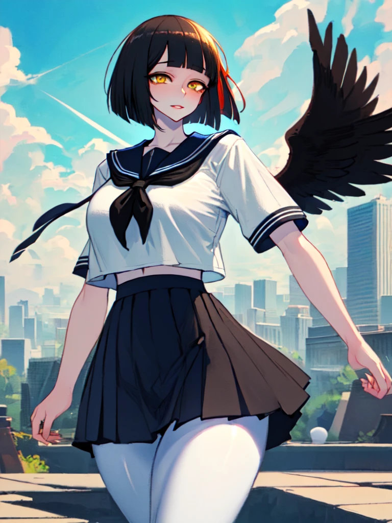 SFW (masterpiece, best quality, 32k) a teenage girl with medium black hair ((stark black hair, coal black hair, bangs, diagonal bangs, blunt bangs, bob, messy bob, wavy bob, inverted bob)), ((brown eyes, yellow eyes, amber eyes, golden eyes, eagle eyes:1.5, bright eyes, beautiful eyes, detailed eyes, finely detailed eyes, highly detailed eyes)) ((youthful face, beautiful face, cute face, sexy face)), ((pale skin, white skin, porcelain skin, smooth skin, soft skin)), standing, walking, outside, outdoors, city, modern city, sidewalk, buildings, skyscrappers, sky, clouds, simple background. ((Modern clothes, academy uniform, uniform, serafuku, sailor uniform, white shirt, short-sleeved shirt, sailor collar, pink ribbon, black miniskirt, high-waist miniskirt, black pantyhose)), ((huge breasts:1.7, enormous breasts:1.4, gigantic breasts:1.4, round breasts:1.3, perky breasts:1.3)), ((slim:1.4, lithe:1.4, slender:1.4, thin:1.4, busty:1.2, buxom:1.2, supermodel body:1.2, svelte body:1.2, fit body:1.2)), ((round hips, thin waist, waspish waist, slim waist)), ((long legs, slender legs)), small smile ((full lips)), calm expression, content expression, serene expression, happy expression, open eyes, large eyes, expressive eyes, head-to-waist portrait, cinematics, color oil painting, cinematic lighting, ((extremely detailed face)), ((finely detailed face)), Extremely detailed eyes, finely detailed eyes, beautiful face, beautiful eyes, perfect lighting, depth of field, (realistic proportions), (good anatomy), ((solo:1.6)), ((1girl:1.6))