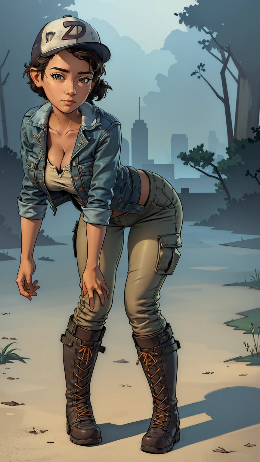 ((masterpiece, best quality)),(complex lighting) ,solo,(((1girl))) ,clementine, light skin,light-skinned female, baseball cap, green cargo pants, brown eyes, tight pants, combat boots, shirt, short hair, one short ponytail, open denim jacket, huge butt, thicc butt , (((8k))), (((full body))), (((bent over))), (((looking at the viewer))), (((view from in front of her))), big breasts, cleavage