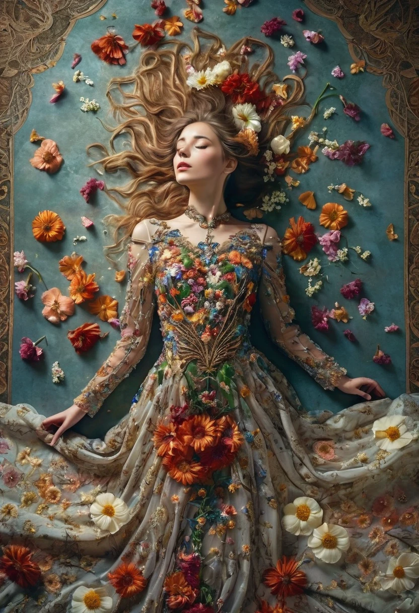 a woman in a dress with flowers on it laying down, lady with glowing flowers dress, covered with flowers, fine art fashion photography, intricate costume design, woman in flowers, intricate gown, flower storm portrait, fine art fashion magazine style, flower goddess, floral couture, covered in flowers, art nouveau fashion photography, ornate dress, an intricate dress, inspired by james christensen