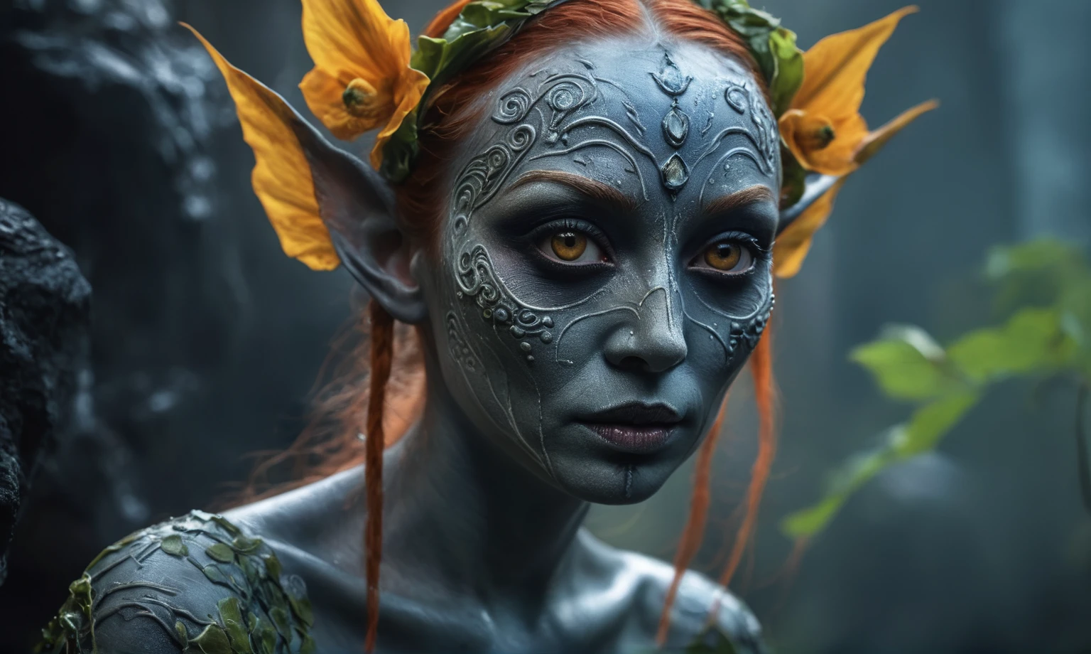 Magical plant ghost flower, ghost flower,carismatic，Incredible，terror
,extremely detailed,intricate details,eyes extremely detailed, high detailed eyes,16k resolution, realistic humid skin,extremely intricate details,Epic Realistic,face anatomically correct,Ultra HD,HDR, natural skin textures, hyper realism,realistic skin texture, hyper detailed,extremely Realism,Ultra Detailed,body logically correct,full body length shot,beggar graphite Manganite sparas, wants eat,survival in criminal city of future,Cinematic,soft colors, Technicolor,natural skin textures, hyper realism, hyper detailed,Extremely detailed,High contrast,Masterpiece,Realistic,Ultra Detailed, intricate details,realistic humid leather,extremly intricate,Epic Realistic, cinematic style,irina yermolova,high contrast,hdr,extremely detailed, [deep night landscape],masterpiece,intricate details,faded,eyes extremely detailed, high detailed eyes,16k resolution,RAW,retina, Nikon Z9,China,Songbird,orc,Li River in Guangxi Zhuang of China,tkt style, Pisces, pointed ears，perfect, ginger，transition between two art styles, Ink painting to photorealism, Double contact, X-ray, Creative, vivid light, masterpiece, fantasy, Abstract, Surrealism, super detailed, high resolution, stop:35,(((creature with a spectral and ghostly appearance)). Her skin is pale, almost translucent.wears dark, ancient rock paintings of the first people,of sharkfish's leather

