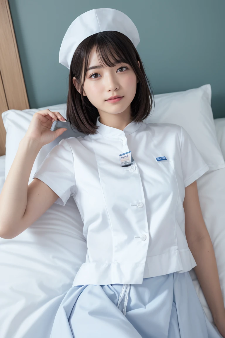 1 Girl,(Wearing white nurse clothes:1.2),(RAW Photos, Highest quality), (Realistic, photo-Realistic:1.4), masterpiece, Very delicate and beautiful, Very detailed, 2k wallpaper, wonderful, finely, Very detailed CG unity 8k wallpaper, Very detailedな, High resolution, Soft Light, Beautiful detailed girl, Very detailed eyes and face, Beautiful and detailed nose, finely beautiful eyes, nurse, Perfect Anatomy, Black Hair, Upstyle, nurse uniform, Long skirt, nurse, White costume, thin, hospital, clear, White Uniform, hospital room, Neck auscultation,Bobcut、Flip up the skirt、20th Generation、smile、Lying in bed、Sleeping on your back