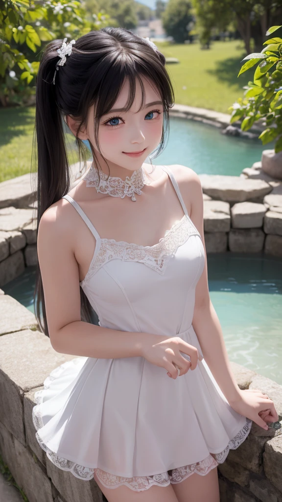((masterpiece)), ((highest quality、Ultra high definition)), (Very detailed),8K、Photo quality、((Amazingly cute girl)),( ), Two people, , (Beautiful emerald blue eyes), ((smile)),In the open-air bath overlooking the sea, Beautifully arranged black hair in twin tails、whole body、Cute lolita maid stylimsuit))、Professional Lighting、(White lace knee-highore detailed and beautiful)、(More details and cutenesore realistic)、(((Just wear light clothing)))、