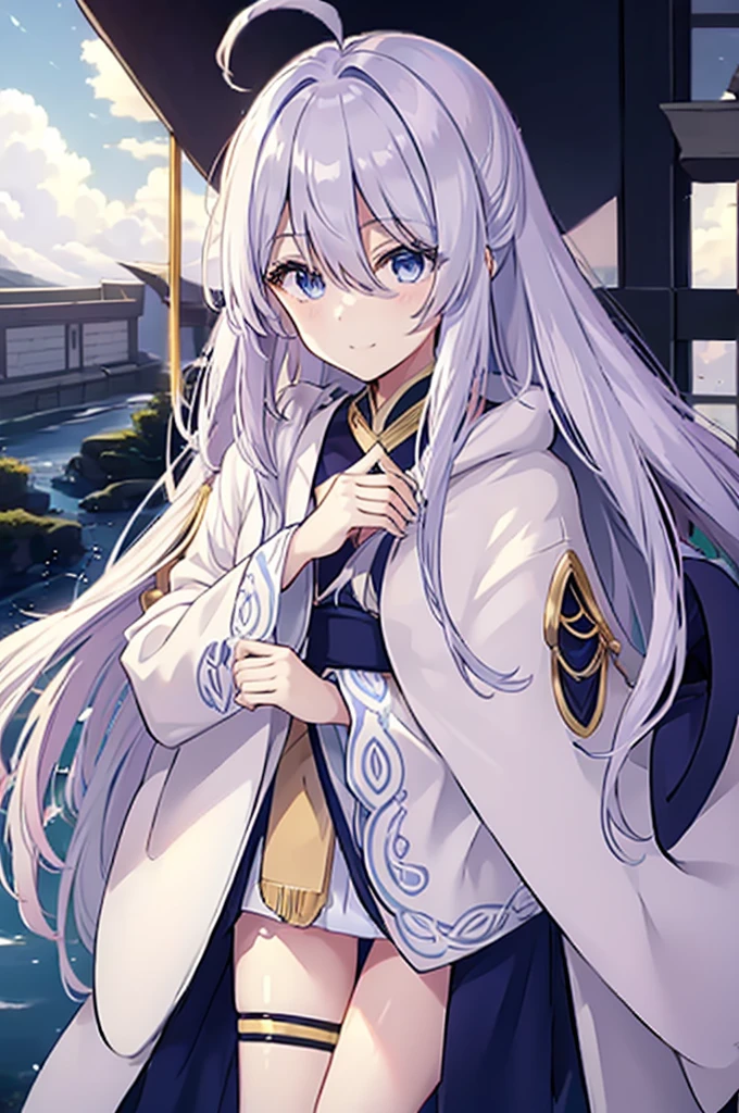 ((Pixiv)),(masterpiece_portrait),(game_cg),(Wuxia),(Fate/stay night),female_focus,looking_to_the_side,1girls,Japan,Iceland,samurai,curvy,sharp_face,very_long_hair,white_hair,blunt bangs,hair_between_eyes,cowlick,blue_eyes,large_breasts,smiling_face,Navy capelet,White china_dress,Blue Accessory,Moon Yellow Accessory,Blue tasuki,white tabi,Navy high_heel_boots