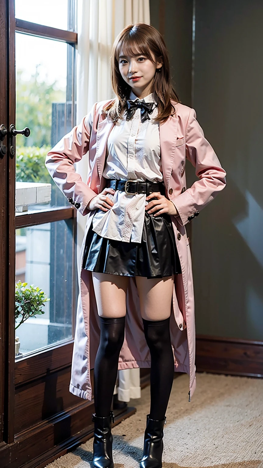 (8K、RAW Photos、Highest quality、masterpiece:1.2)、(Realistic、Realistic)、1 Girl、((Pink Coat、Black Mini Skirt、smile、Frills、one piece、whole body、See-through、boots、chest emphasis、whole body、View from the front、Looking into the camera、Blonde、belt、Stand with hands on hips))、