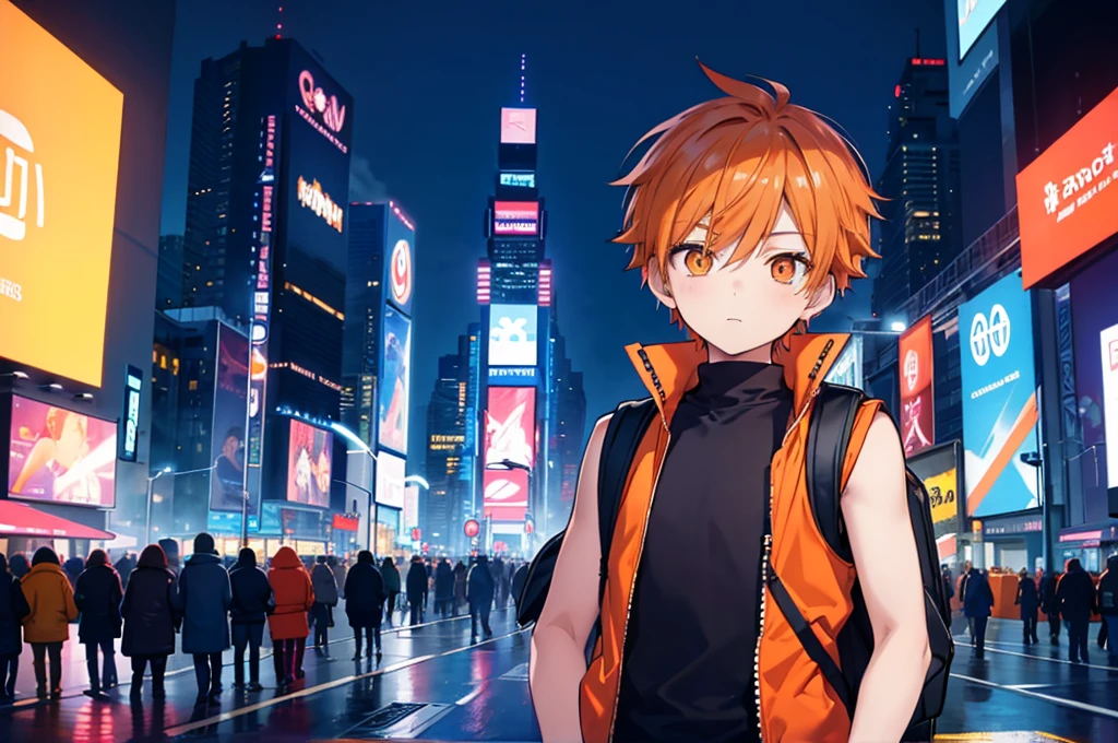 A close-up of a boy standing in a city with a backpack  Boy in sleeveless sweatshirt in the middle of a busy Times Square style avenue, winter, leaning against one of the posts, orange hair child, wearing a cold sleeveless jacket, slightly unbuttoned jacket , masculine, little tight in the jacket, sem mangasA close-up of a boy standing in a city with a backpack  Boy in sleeveless sweatshirt in the middle of a busy Times Square style avenue, winter, leaning against one of the posts, orange hair , wearing a cold sleeveless jacket, slightly unbuttoned jacket , masculine, little tight in the jacket, sleeveless Masterpiece, Best Quality, Ultra Detailed, 1man