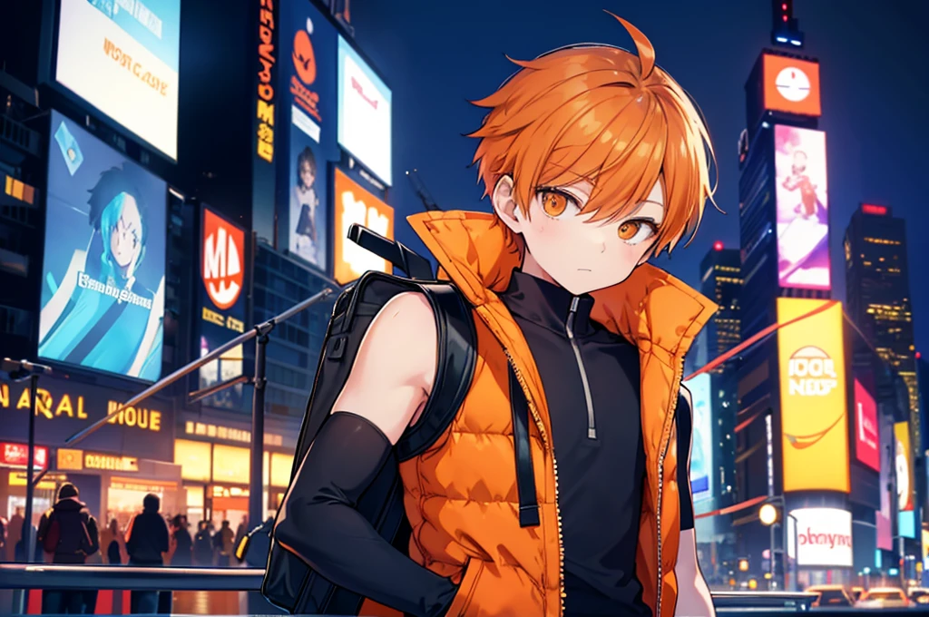 A close-up of a boy standing in a city with a backpack  Boy in sleeveless sweatshirt in the middle of a busy Times Square style avenue, winter, leaning against one of the posts, orange hair child, wearing a cold sleeveless jacket, slightly unbuttoned jacket , masculine, little tight in the jacket, sem mangasA close-up of a boy standing in a city with a backpack  Boy in sleeveless sweatshirt in the middle of a busy Times Square style avenue, winter, leaning against one of the posts, orange hair , wearing a cold sleeveless jacket, slightly unbuttoned jacket , masculine, little tight in the jacket, sleeveless Masterpiece, Best Quality, Ultra Detailed, 1man