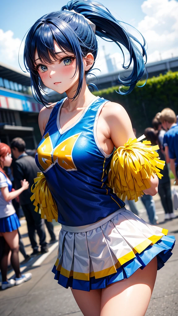 Beautiful woman dressed as a cheerleader、Blue hair ponytail、White cheergirl clothes、Yellow secondary color、don't wear pants、Wide legged pose、White long sleeve undershirt