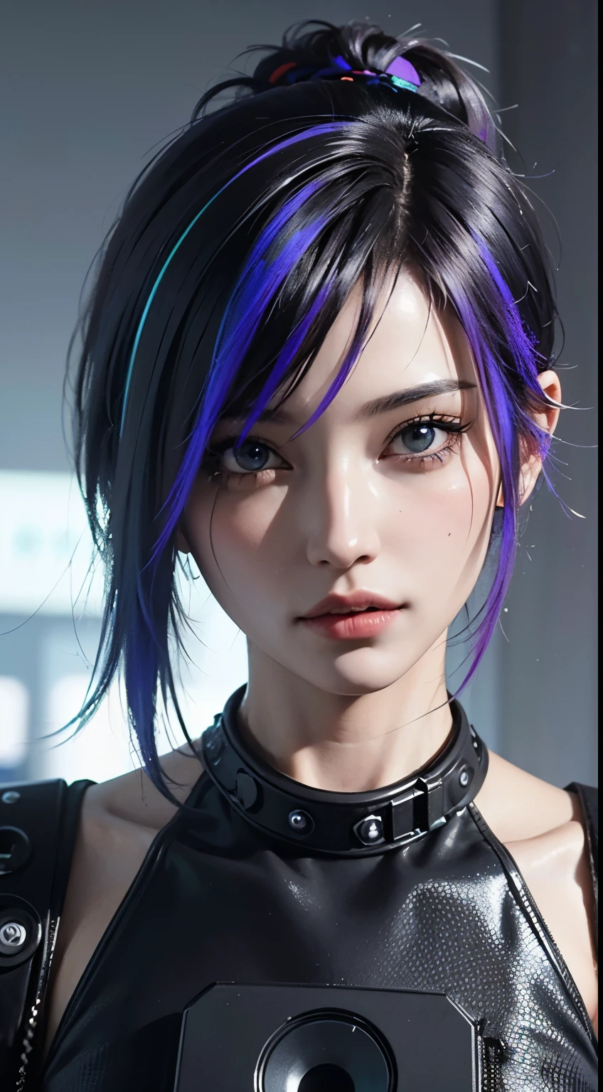 ((Best quality)), ((masterpiece)), (highly detailed:1.3), 3D, beautiful (cyberpunk:1.3) hacker woman with colored hair, black clothes looking at camera