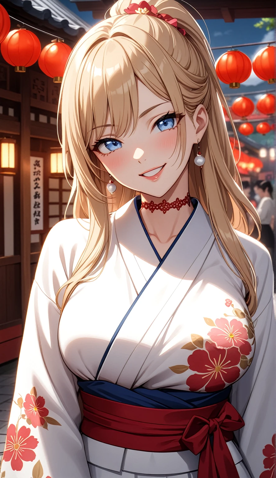 ((One personの女性)), Beautiful Face, (Laughing embarrassedly), ((smirk:1.1)), ((Wink:1.5)), (head tilt:1.3), Laugh with your mouth wide open, upper teeth, looking at viewer, ((Bright red cheeks:1.2)),Glossy Red Lips,night, Shrine festival stalls, Glossy red lips, Shining Face, ((Anime style background)),masterpiece, Highest quality, so beautiful,up to date, Complex details, (Pink long nails), (nail art), (ring),(bracelet),(Floral choker),AI-generated, Complex,High resolution, Highest quality, super high quality,3D Images、3D Images,One person,Blonde long hair,(High Ponytail), (wavy hair), Anime woman posing for a photo, ((Fine grain、Lightly pigmented blue eyes、Shining Eyes:1.3)), (Squint your eyes:1.1),a hyperRealistic , hyperRealistic , Realistic,Long and blonde anime woman, Smooth anime CG art, Pink large floral patternが刺繍された豪華な着物を着た女性, (White long sleeve kimono),(Pink large floral pattern) ,Long flower hair ornament,Earrings,Mature Body,(Big Breasts:1.1),Tall,Abdominal muscles,Tight waist, (front view),
