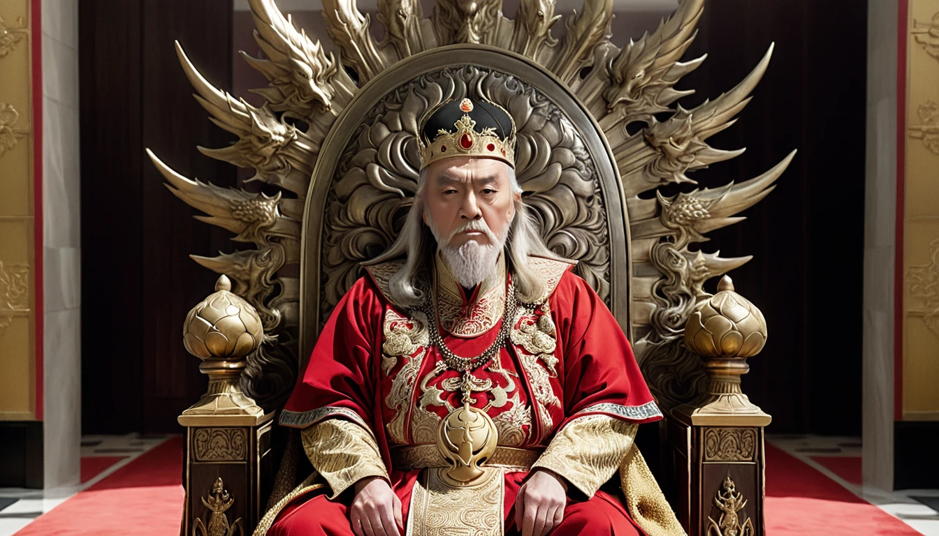 Two people, (an old emperor named John, tall, square face, long silver hair, wearing a golden crown, thick eyebrows, long white beard, pale complexion, wearing gorgeous golden robes, embroidered with dragon patterns), (another A young general named John Ken, with a burly build, long face, short blond hair, thick eyebrows, short beard, healthy bronze color, wearing red armor with a sun symbol and a golden sword at his waist), John Sitting majestically on the shining golden throne, Ken stood in front of the throne, and there was an atmosphere of respect and loyalty between the two.