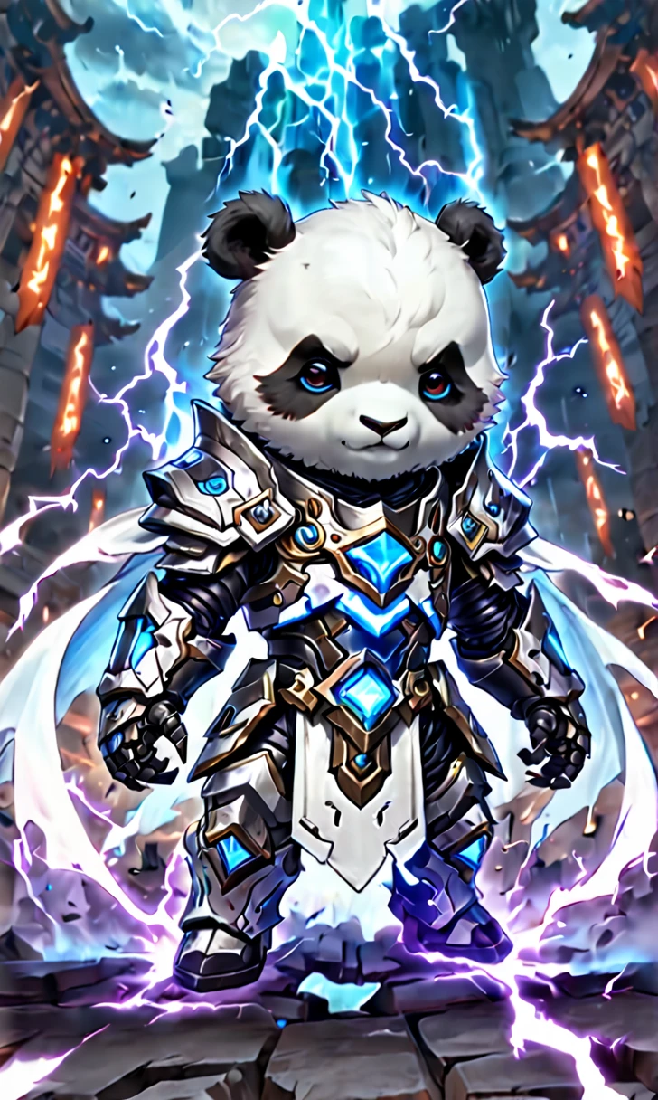 Anthropomorphic Humanoid Male Giant Panda Chibi Knight, Wearing an elaborate mecha suit and a white cloak, Hold on to lightning, whole body, Combat Ready, In the ancient stadium