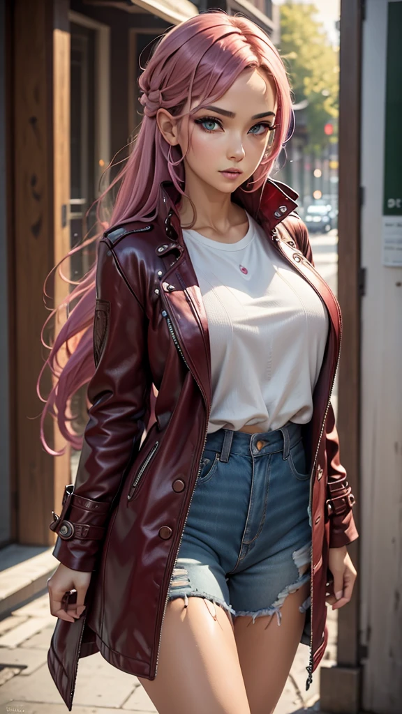 a masterpiece, best quality, highres, absurdres, 1girl, crowd, laced underwear, long trenchcoat, pink hair, gasai yuno, from below, revealing clothes, skindentation, outdoors, sunlight, street, looking at viewer, blush, detailed face, beautiful detailed eyes, beautiful detailed lips, extremely detailed face, long eyelashes, cinematic lighting, depth of field, volumetric lighting, photorealistic, digital painting, concept art, vibrant colors, dynamic pose