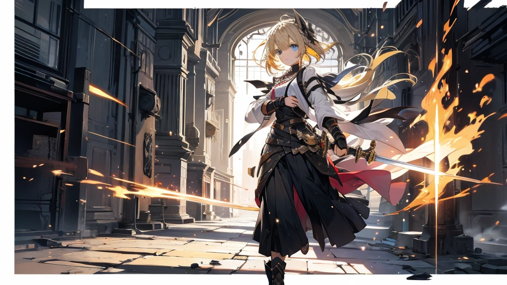 A yellow-haired female swordsman with a long sword is fighting a demon in the depths of a dark dungeon.