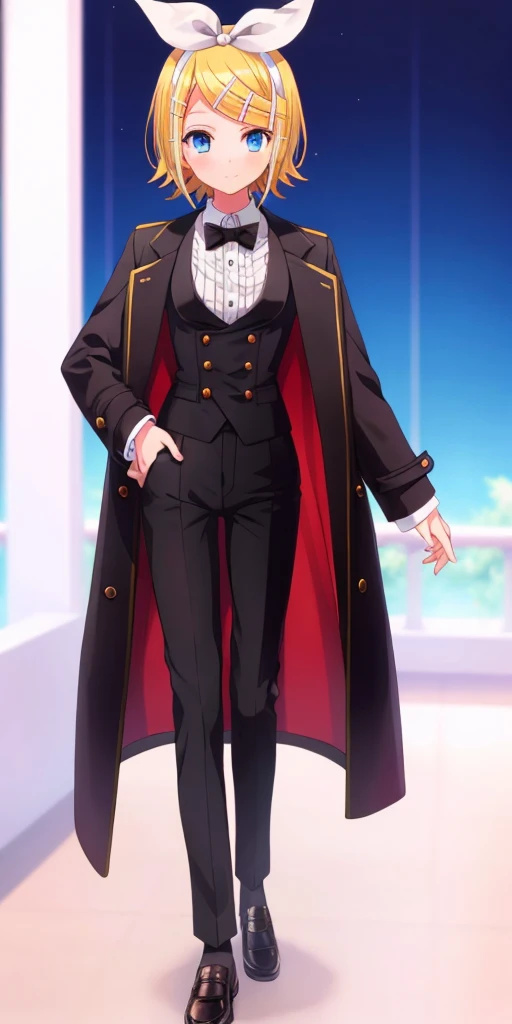 one girl, Kagamine Rin, cool, blue eyes, butler costume, black short pants, cross dressing, coat