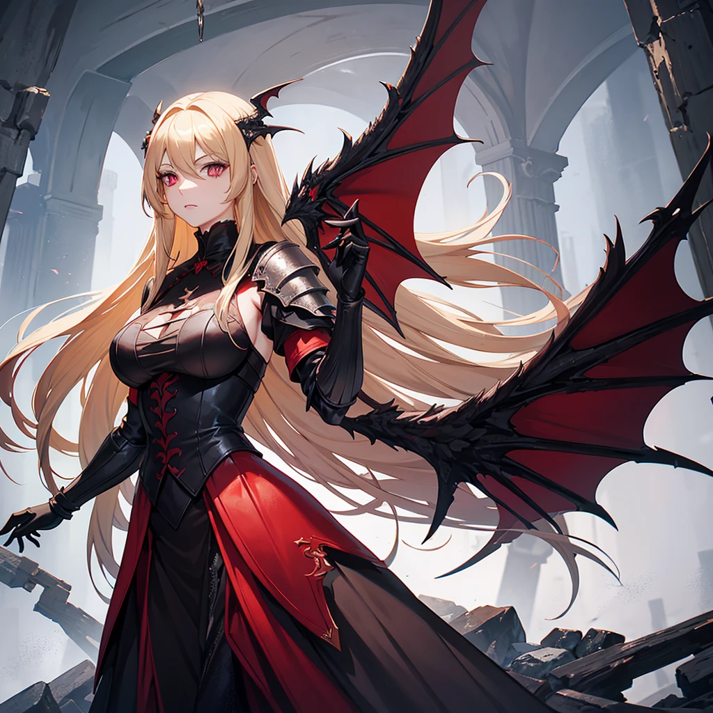 An adult woman with long blonde hair and red eyes. She would have dragon features: wings and sharp pupils like a dragon. 
She would also wear dark souls-style body armor.

Artwork based on dark souls, gothic style.