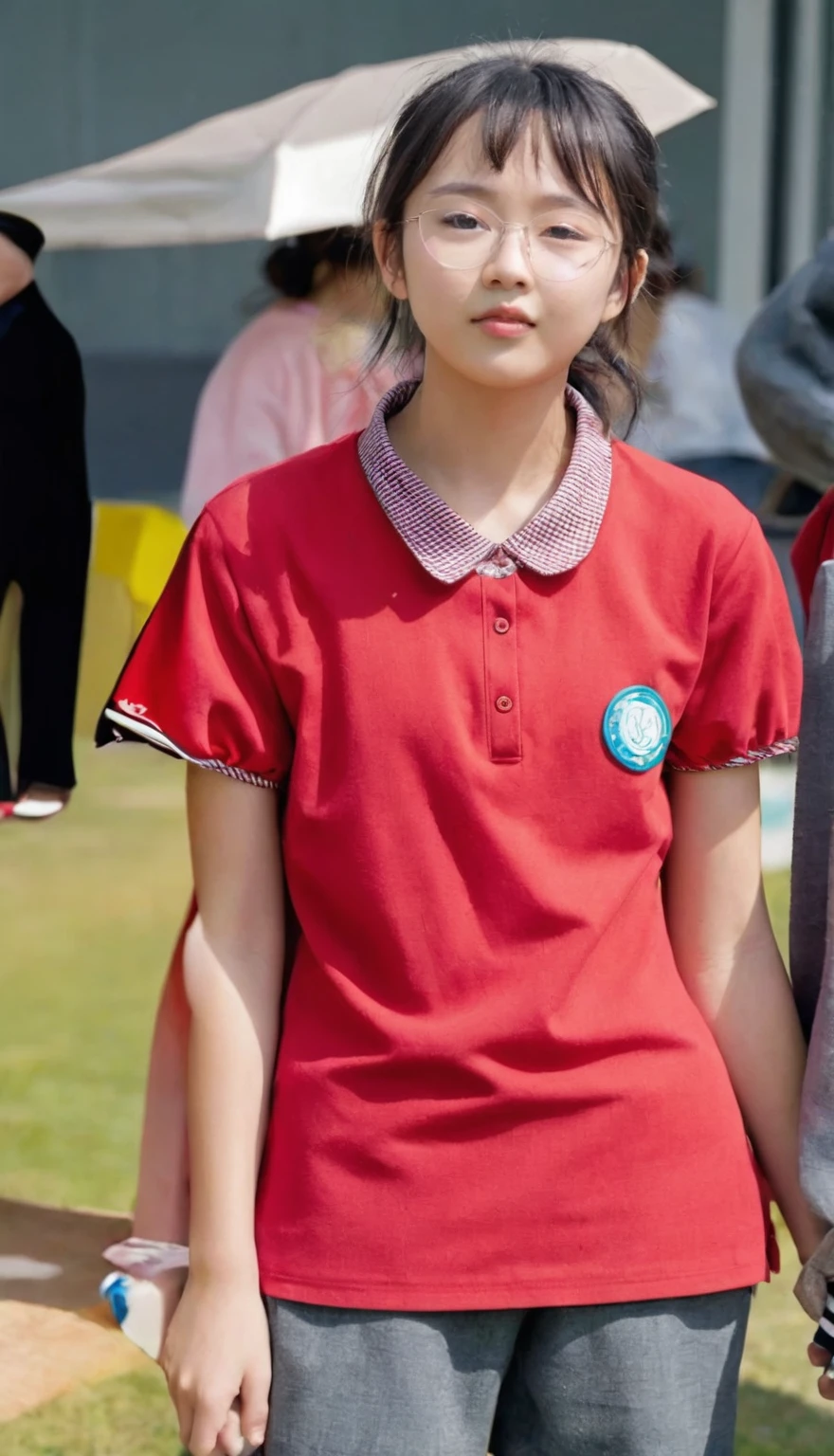 there is a young Girls stand in a field with a frisbee, Girl in uniform, Wearing a polo shirt, red, Wearing school uniform, red衬衫, wearing Japanese school uniforms, 穿着red船长, Wearing school uniform, Japanese school uniforms, , 穿着red服装, Wearing school football uniform, Chinese Girl, Young Asian Girl, Girls stand，A little fatter，The face does not change