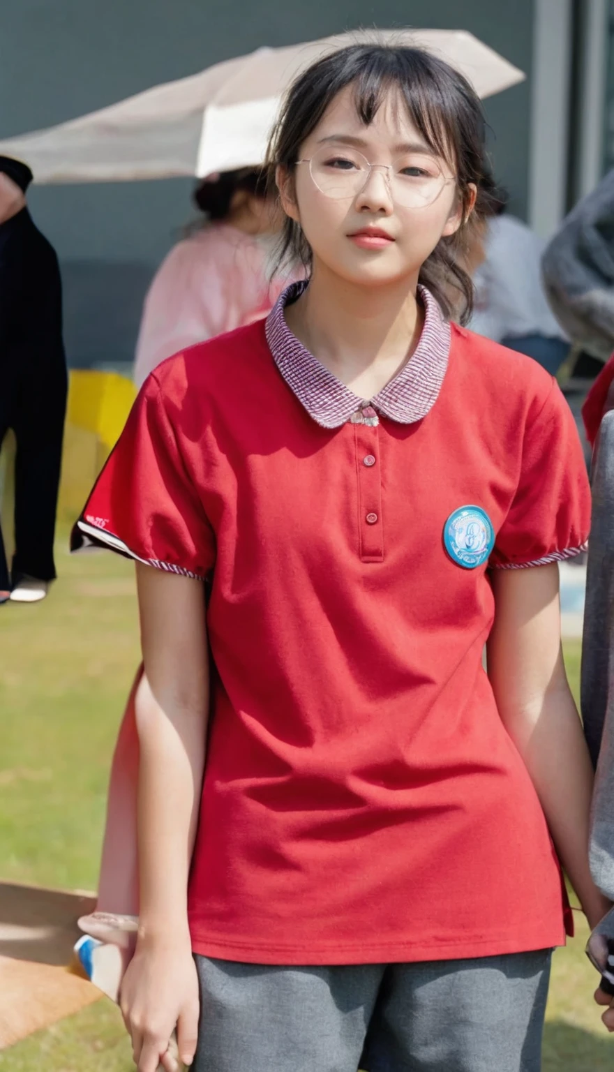there is a young Girls stand in a field with a frisbee, Girl in uniform, Wearing a polo shirt, red, Wearing school uniform, red衬衫, wearing Japanese school uniforms, 穿着red船长, Wearing school uniform, Japanese school uniforms, , 穿着red服装, Wearing school football uniform, Chinese Girl, Young Asian Girl, Girls stand,A little fatter,The face does not change