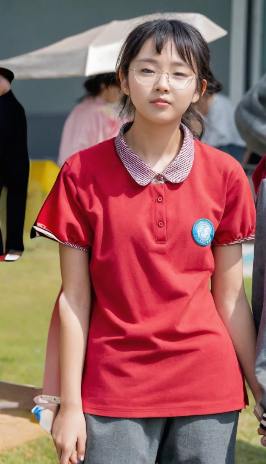 there is a young Girls stand in a field with a frisbee, Girl in uniform, Wearing a polo shirt, red, Wearing school uniform, red衬衫, wearing Japanese school uniforms, 穿着red船长, Wearing school uniform, Japanese school uniforms, , 穿着red服装, Wearing school football uniform, Chinese Girl, Young Asian Girl, Girls stand,A little fatter,The face does not change