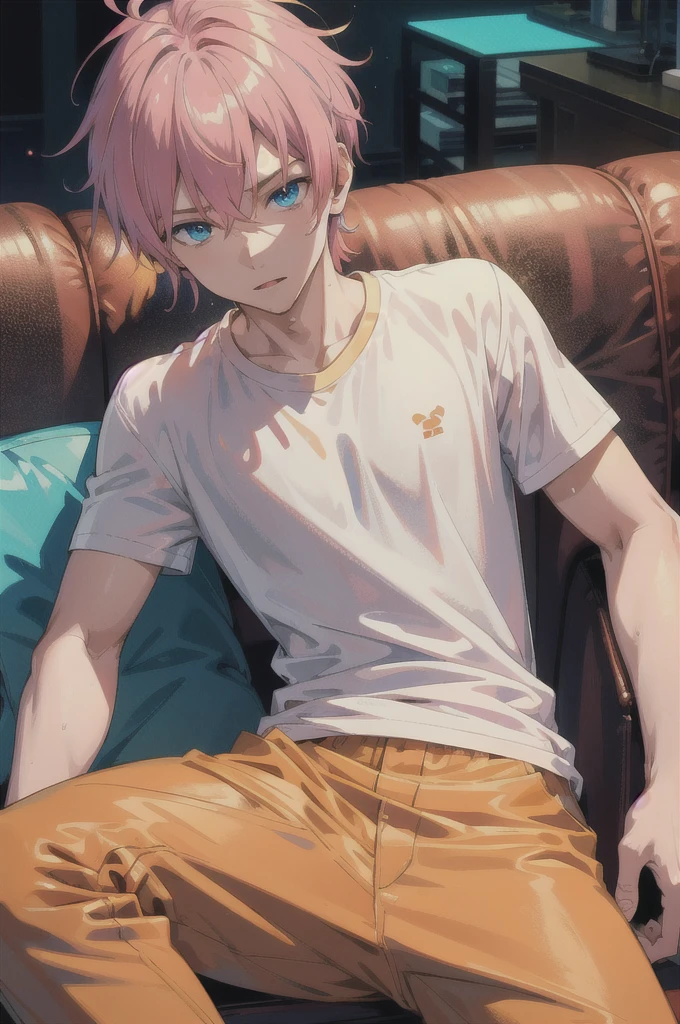 HD Clear,Optimal image,Illustration quality,super detailed,Handsome teenager, pink hair, blue eyes,Wearing a pastel yellow T-shirt,Sitting on a black leather sofa Room with orange light