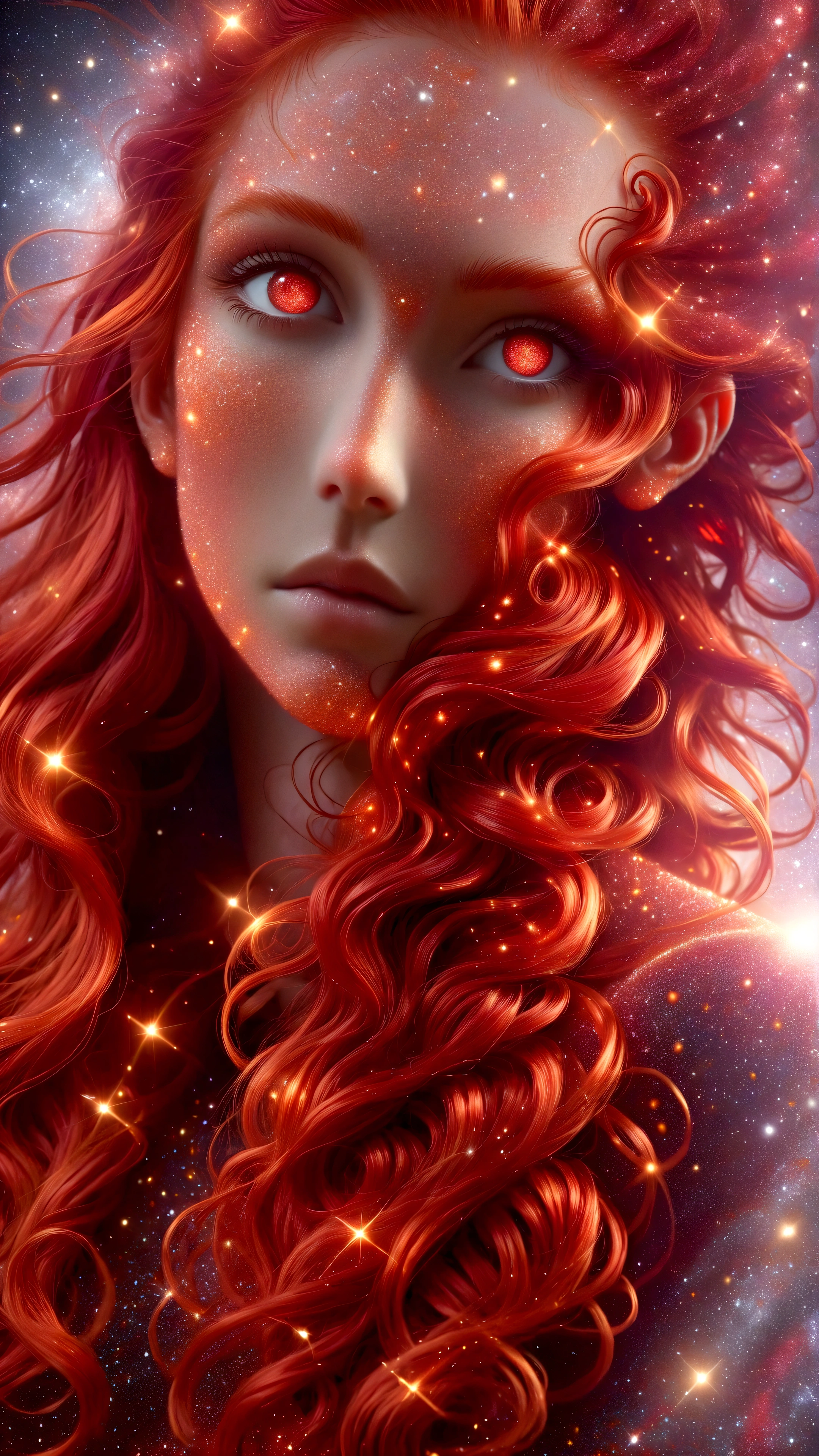 there is a woman with red hair and a star dusted background, red glowing hair, with red hair, red dyed hair, with long red hair, bright red hair, red colored, long glowing red hair, glowing red, red hair, glowing crimson head, with curly red hair, crimson red hair and red eyes, red haired goddess, vibrant red hair, redgold hair