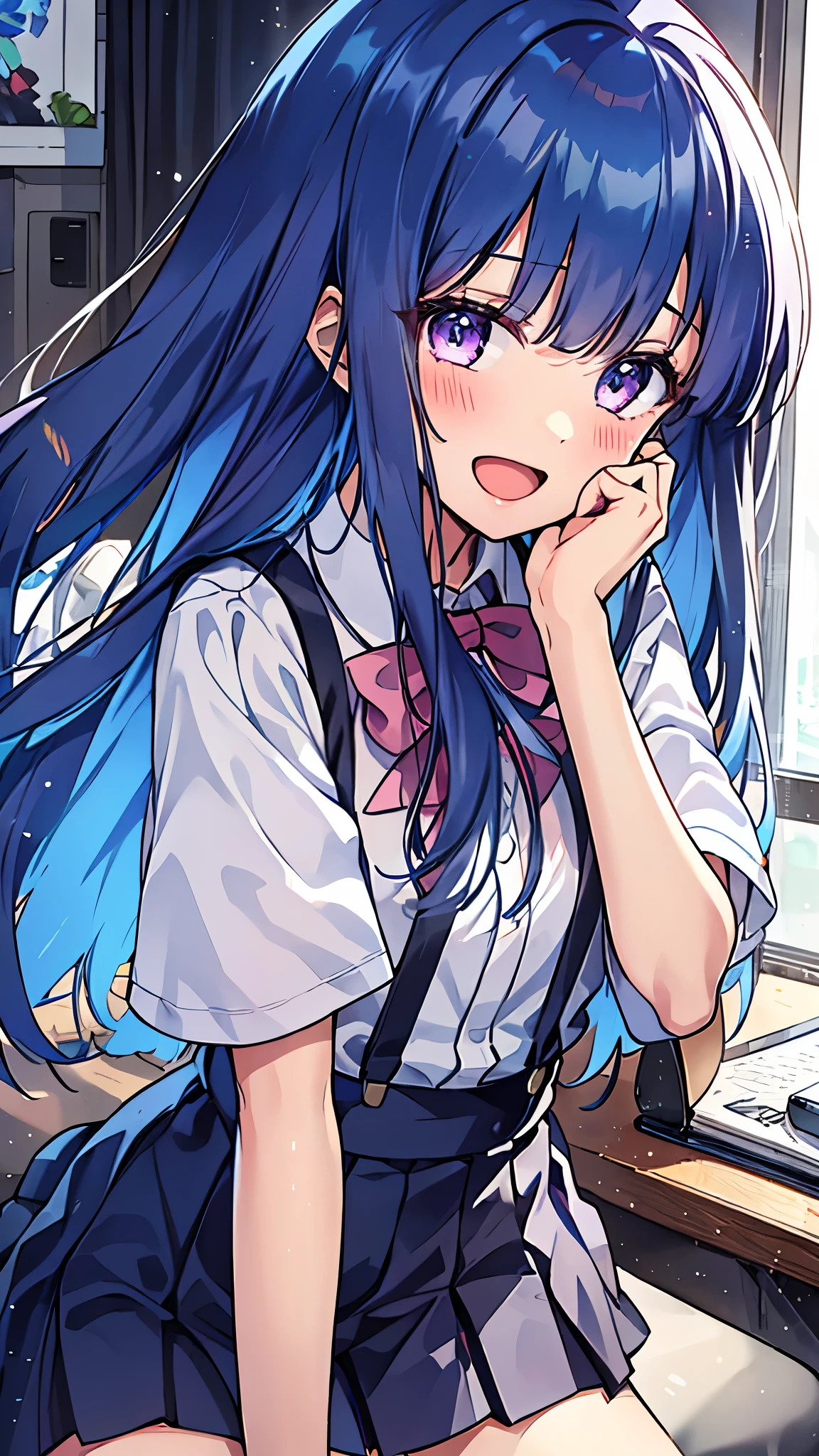 1girl, solo, furude rika, blue hair, long hair, looking at viewer, blush, bangs,flat chest, purple eyes, long hair, white shirt, shirt, bow,  short sleeves, pink bow, pleated skirt, suspender skirt,miniskirt, collared shirt,  bow tie, pink bow tie,((leaning forward,arms behind back)),contrapposto,open mouth,smile,happy,masterpiece,Noise Reduction,perfect anatomy,high resolution, ultra-detailed,game cg,dutch angle ,beautiful detailed eyes,visualart,five fingers, perfect hands, perfect lighting,