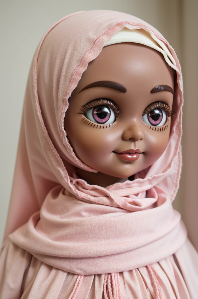 generate my blethe doll with cream hijab, big eyes chocolate, downward smile, pink lios, blush on pink