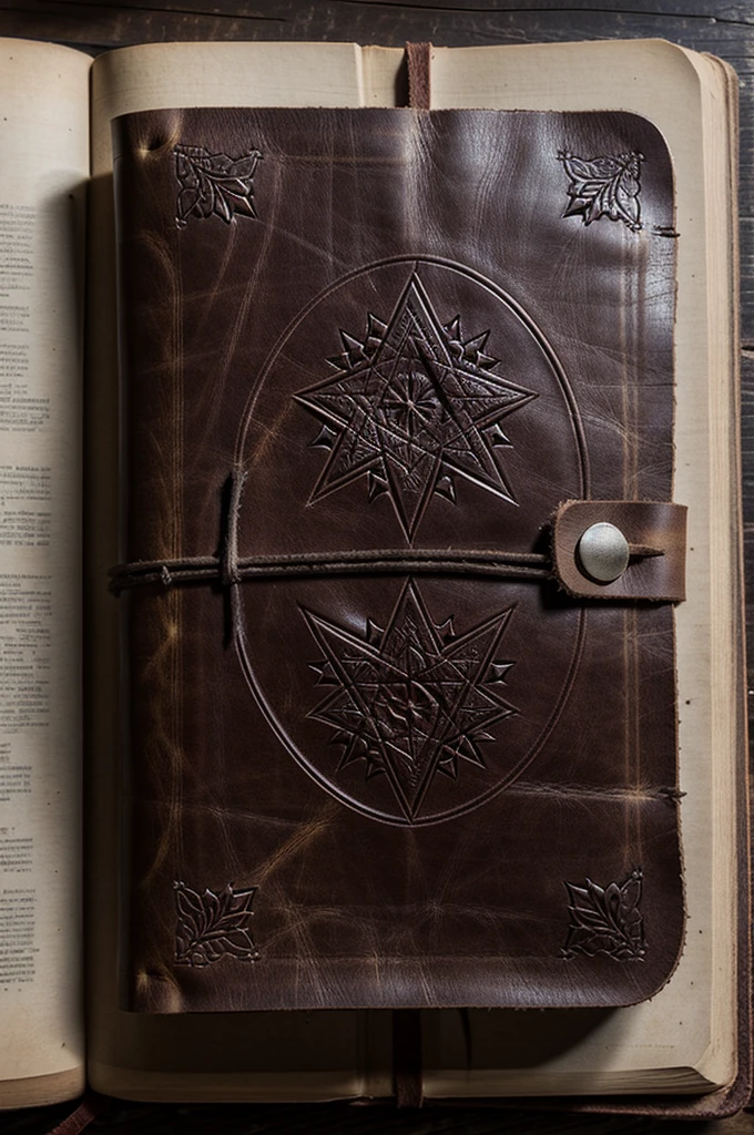 Leather cover of an old book,There are countless traces of years,It gives me a lot of feelings,There is a blood-red pattern of a ten-pointed star on the cover, located in the upper middle of the cover.,Below the pattern is the name of the book "Hidden Old Text",The shape of the name is extremely strange, messy and hideous,Like deep scratches on the rock。(Dark light:1.8)