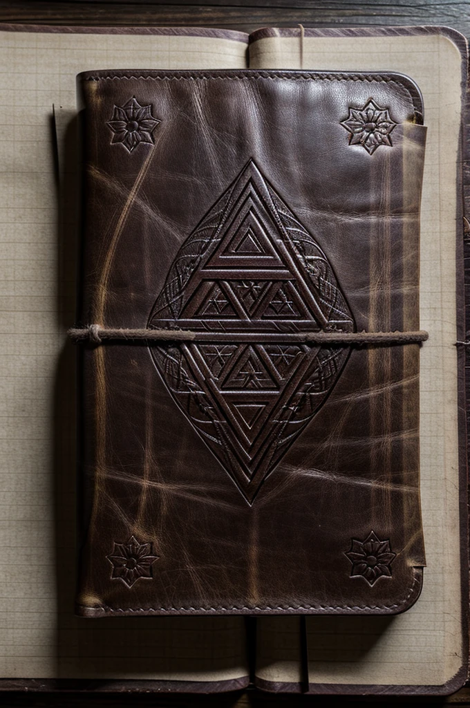 Leather cover of an old book,There are countless traces of years,It gives me a lot of feelings,There is a blood-red pattern of a ten-pointed star on the cover, located in the upper middle of the cover.,Below the pattern is the name of the book "Hidden Old Text",The shape of the name is extremely strange, messy and hideous,Like deep scratches on the rock。(Dark light:1.8)