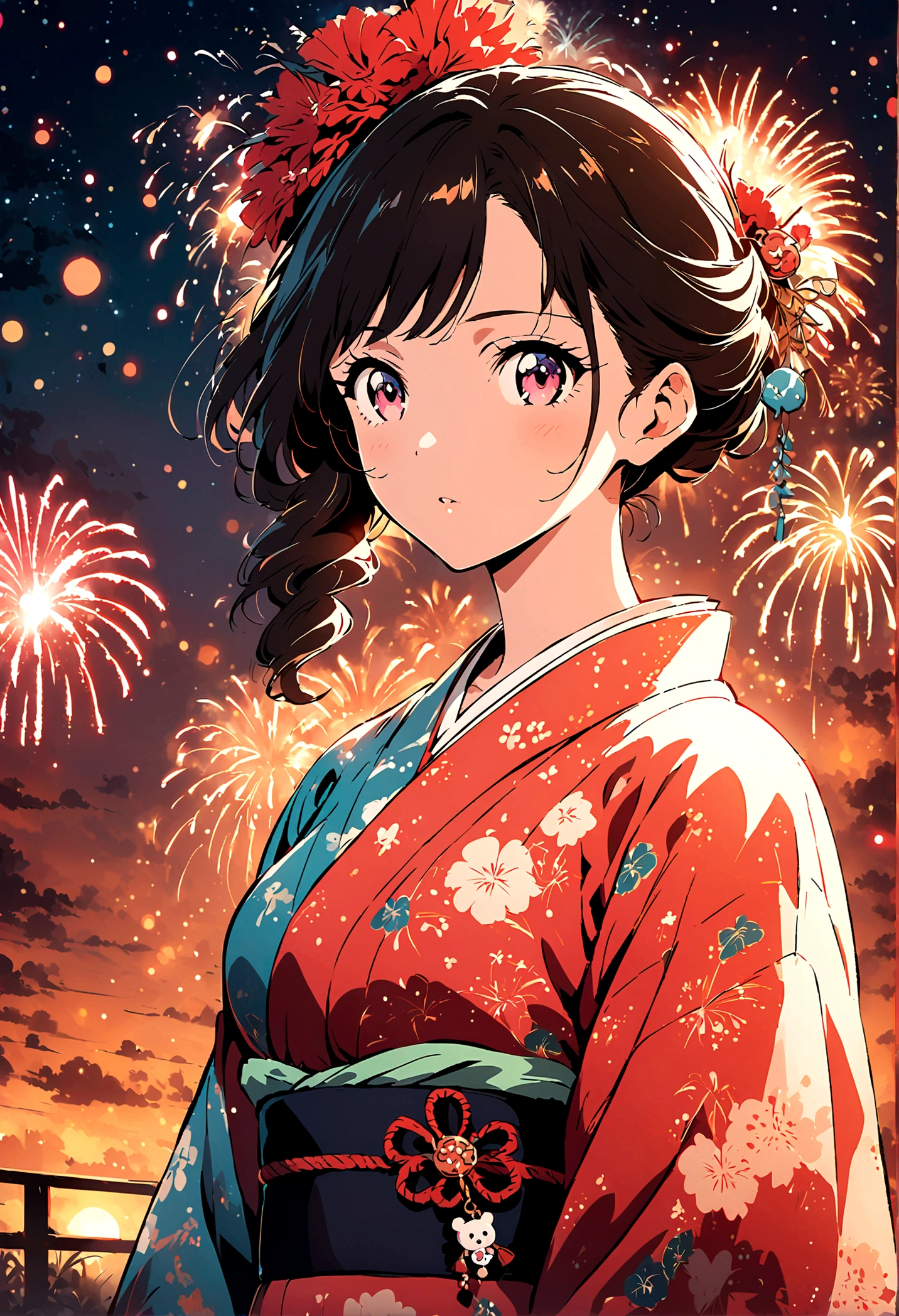 ((Illustration Style)),Anime Style, country, A woman wearing an elegant kimono, firework, Charm