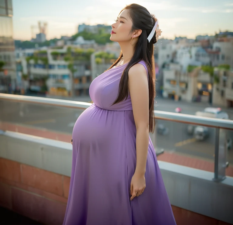 pregnant woman in purple dress standing on balcony overlooking city, pregnant belly, pregnant, maternity feeling, pregnancy, maternal photography 4 k, wearing a long dress, wearing a flowing dress, side portrait, in the evening, garbed in a purple gown, woman is curved, an asian woman, asian woman, wearing an elegant dress, portrait shot, profile shot, femme fetal