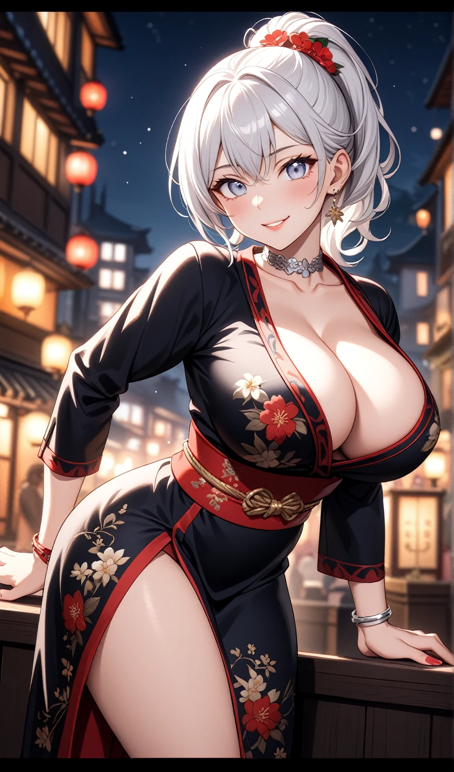((One personの女性)), Beautiful Face, (Laughing embarrassedly), (seductive smile:1.4), ((Wink:1.9)), (head tilt:1.3), Laugh with your mouth wide open, upper teeth, looking at viewer, ((Bright red cheeks:1.4)),Glossy Red Lips,Night view, High terrace, firework, Glossy red lips, Shining Face, ((Anime style background)),masterpiece, Highest quality, so beautiful,up to date, Complex details, (Pink long nails),(ring),(bracelet),(Floral choker),AI-generated, Complex,High resolution, Highest quality, super high quality,3D Images、3D Images,One person,Long white hair,High Ponytail, Anime woman posing for a photo,(blue eyes), ((Fine grain、Silvery white, lightly pigmented eyes、Shining Eyes:1.3)), (Squint your eyes:1.1),a hyperRealistic , hyperRealistic , Realistic,Anime woman with long white hair, Smooth anime CG art, A woman in a colorful kimono with gold embroidery, ((Black long sleeve kimono)),Red floral pattern,Long flower hair ornament,Earrings,Mature Body,(Big Breasts:1.1),Tall,Abdominal muscles,Tight waist,Leaning forward, (hip focus:1.1), ((looking back)),
