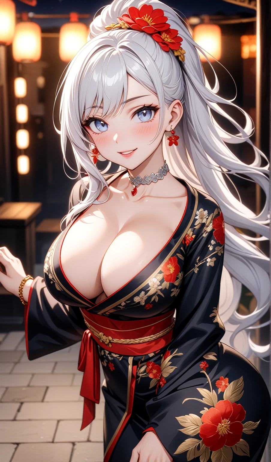 ((One personの女性)), Beautiful Face, (Laughing embarrassedly), (seductive smile:1.4), ((Wink:1.9)), (head tilt:1.3), Laugh with your mouth wide open, upper teeth, looking at viewer, ((Bright red cheeks:1.4)),Glossy Red Lips,Night view, High terrace, firework, Glossy red lips, Shining Face, ((Anime style background)),masterpiece, Highest quality, so beautiful,up to date, Complex details, (Pink long nails),(ring),(bracelet),(Floral choker),AI-generated, Complex,High resolution, Highest quality, super high quality,3D Images、3D Images,One person,Long white hair,High Ponytail, Anime woman posing for a photo,(blue eyes), ((Fine grain、Silvery white, lightly pigmented eyes、Shining Eyes:1.3)), (Squint your eyes:1.1),a hyperRealistic , hyperRealistic , Realistic,Anime woman with long white hair, Smooth anime CG art, A woman in a colorful kimono with gold embroidery, ((Black long sleeve kimono)),Red floral pattern,Long flower hair ornament,Earrings,Mature Body,(Big Breasts:1.1),Tall,Abdominal muscles,Tight waist,Leaning forward, (hip focus:1.1), ((looking back)),