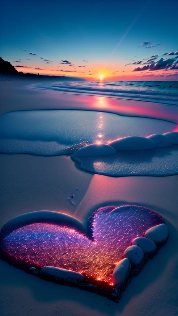 Exquisite scenes，depth of fields，8K，Blue sky，Red clouds，The sun shines on the beach，There are many small colorful stones on the beach，Heart of Love