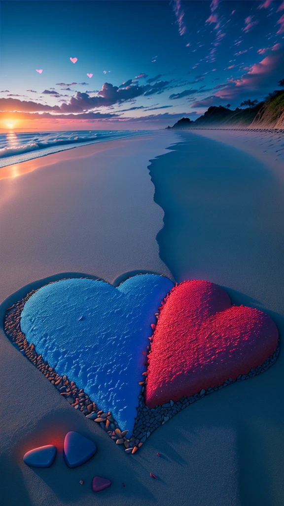 Exquisite scenes,depth of fields,8K,Blue sky,Red clouds,The sun shines on the beach,There are many small colorful stones on the beach,Heart of Love