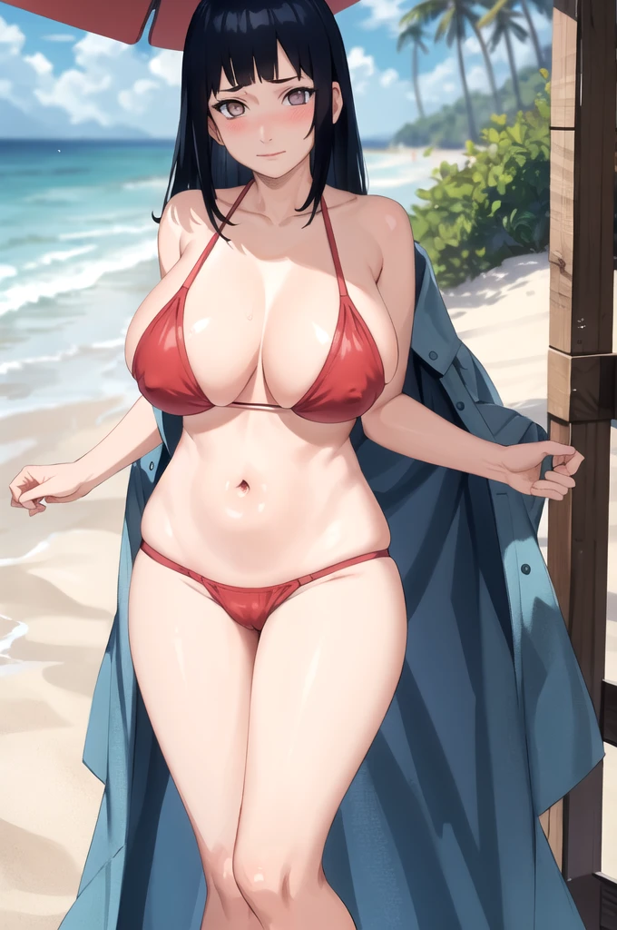 masterpiece, best quality, facing viewer, looking at viewer, 1girl, solo, outdoors, beach, standing, shy, big tits, t5un4d3, mark, bikini