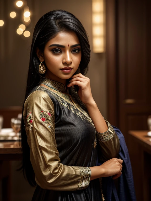 ultra-realistic photographs,Bangladeshi Instagram female model,mid 20s,9:16,mid-shot,beautiful detailed eyes,detailed lips,longeyelashes,black stylish hair, naturally full eyebrows,perfectly formed nose,expressive face,attractive appearance,candid photo,vibrant and colorful salwar-kameez dress, heavily embroidered dress, restaurent background, serene atmosphere,stunning architecture,soft and natural lighting,vivid colors,photorealistic,HDR,highres,studio lighting,ultra-detailed,bokeh,half covered clothes