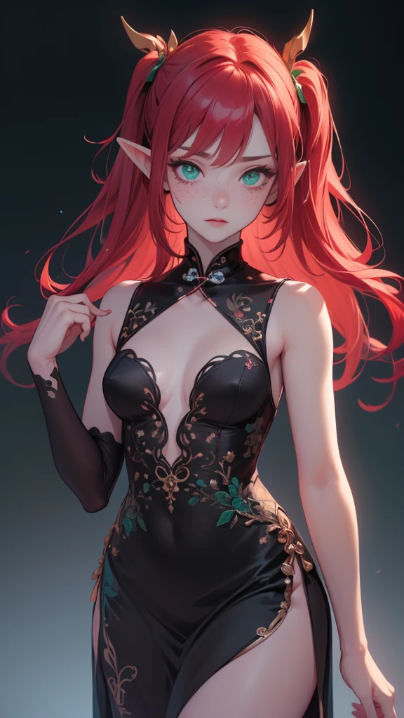 "red crimson hair" elf ears, freckles, adult  woman, sculptural body, super detailed hand, super detailed face, hyper detailed body, No defects, (emerald green eyes), focused eyes, pretty detailed eyes, pale skin, blushed face, (( wearing a long black Chinese dress)), long hair, tied up hair, serious expression, frowning eyes, partes do fully body, entire limbs, ((fully body)), gorgeous fur, high resolution, 4K, Waist slender, small foot, role model, best qualityer,  long black thigh-high stockings, good lighting, simple background, darkness background